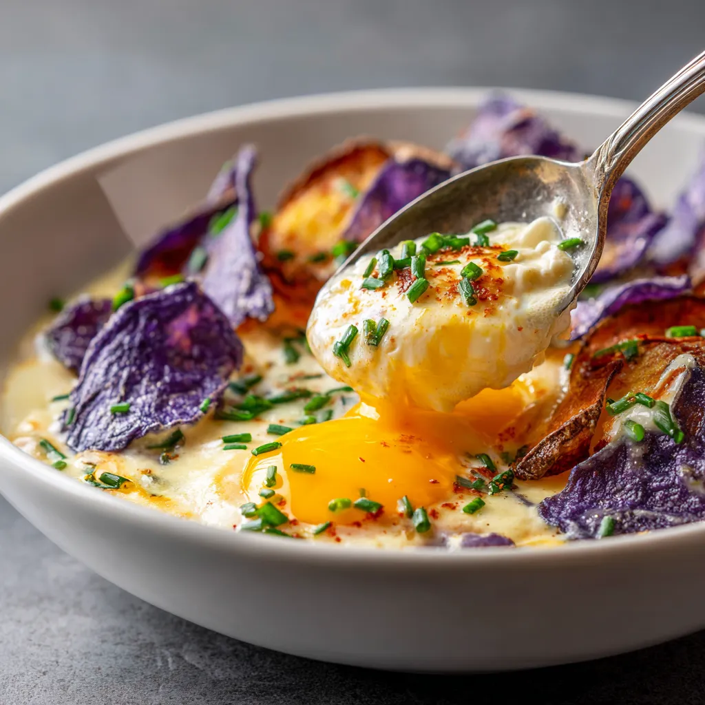 Sous-vide eggs on sweet chorizo cream with purple potato chips.