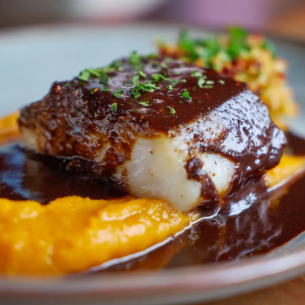 Bacalao con salsa de chocolate.