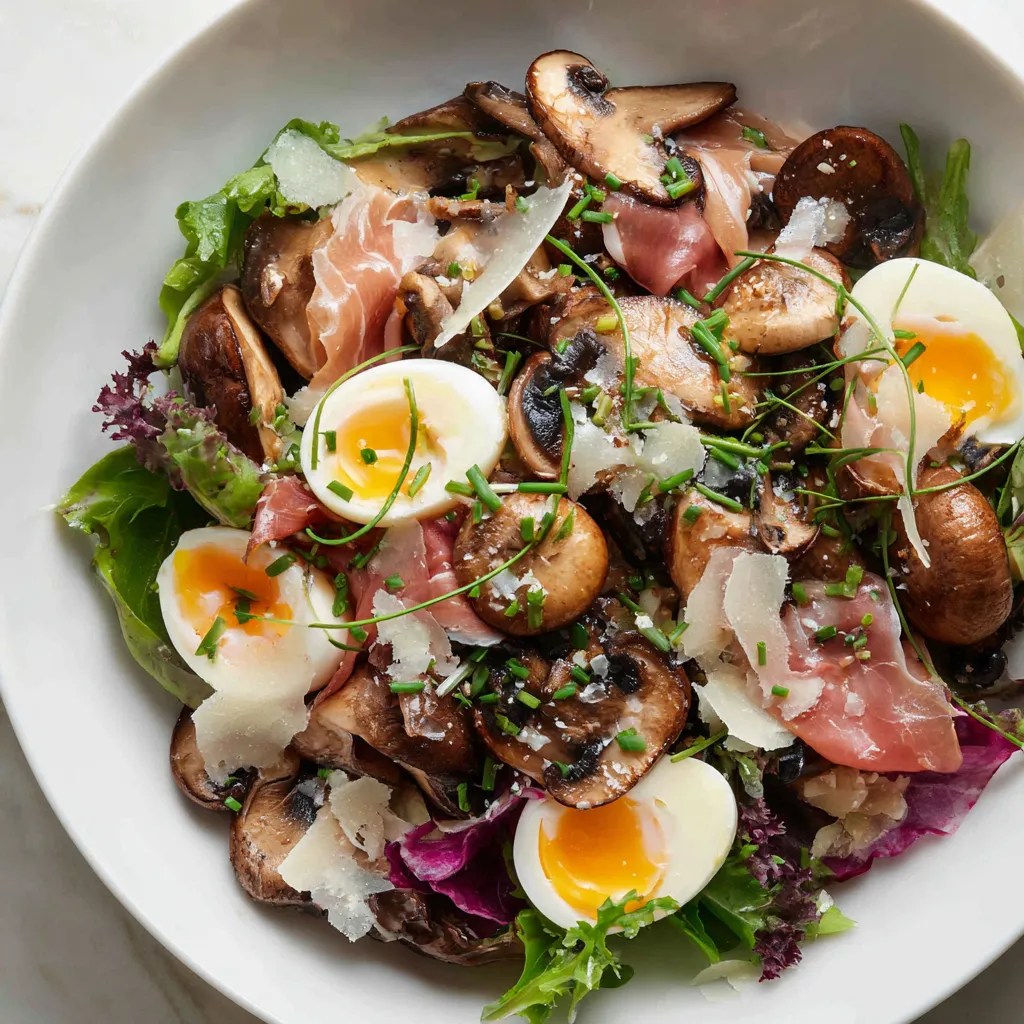 Salad de champiñones caliente con jamón ibérico y huevos de quail.