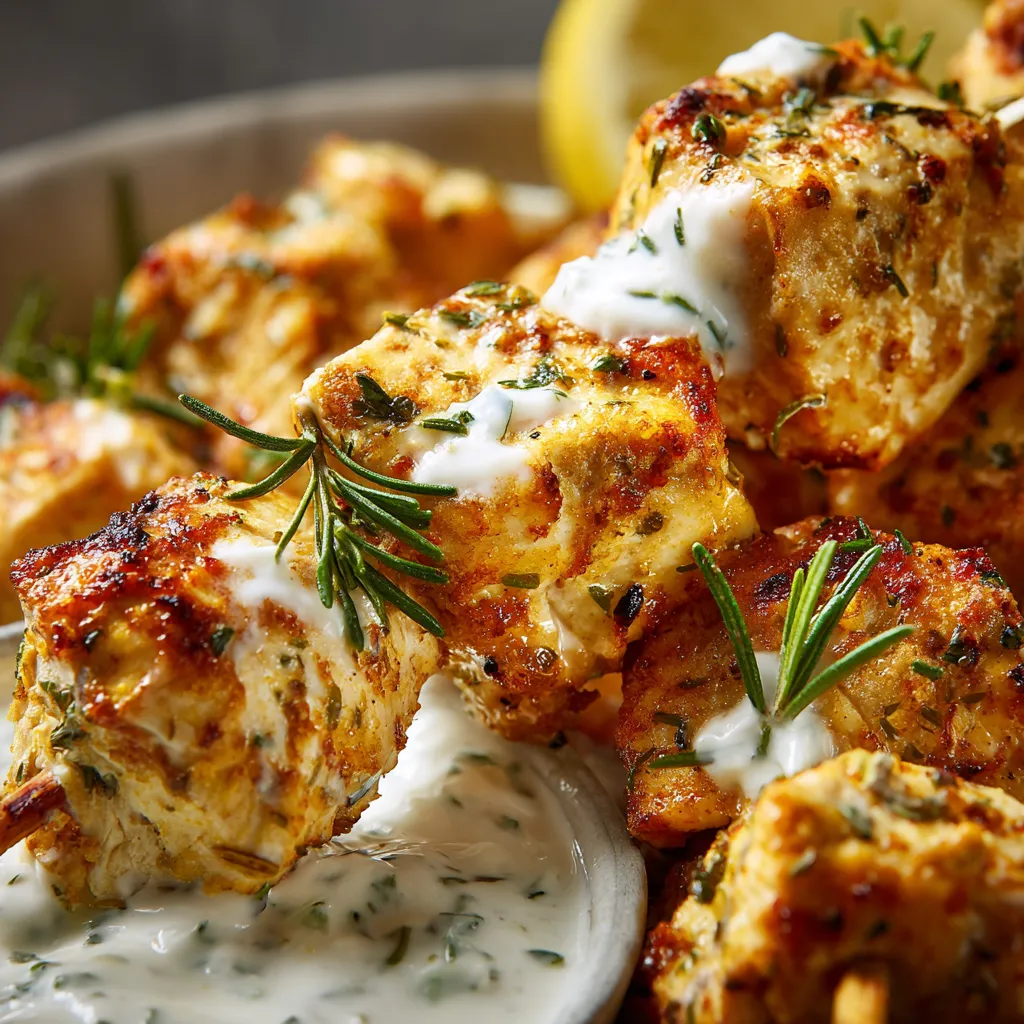 Chuletas de pollo con limón y romero, con salsa de yogur.