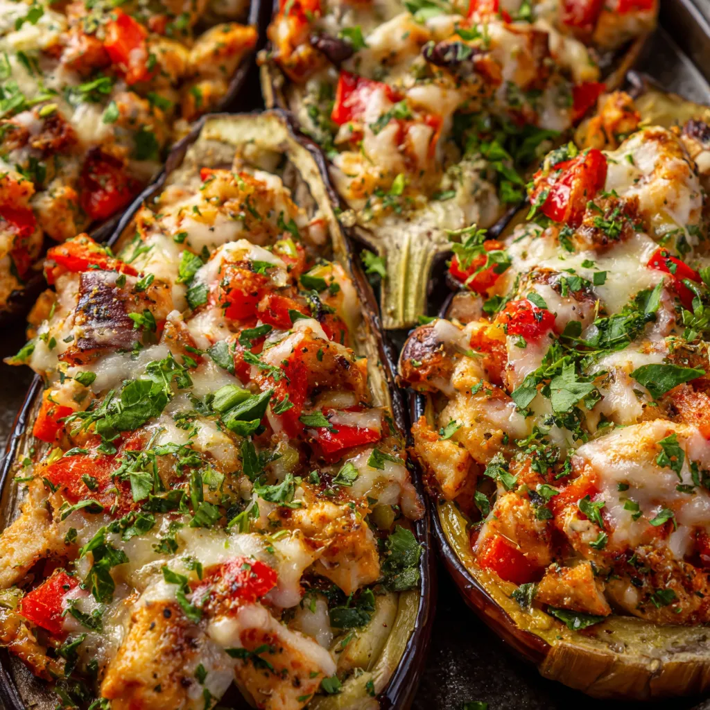 Eggplants llenos de pollo y tomate.