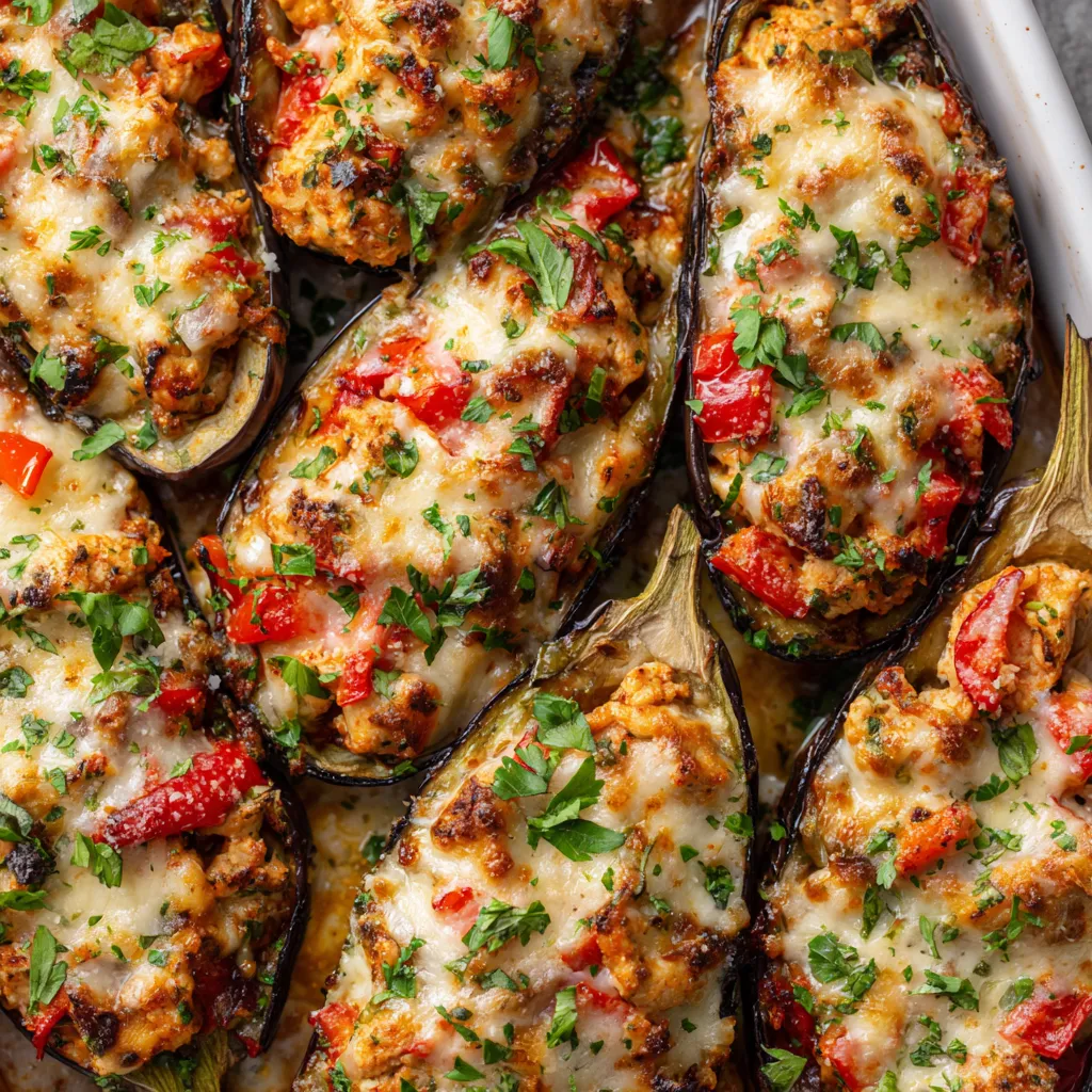 Eggplants rellenos con pollo y tomate.