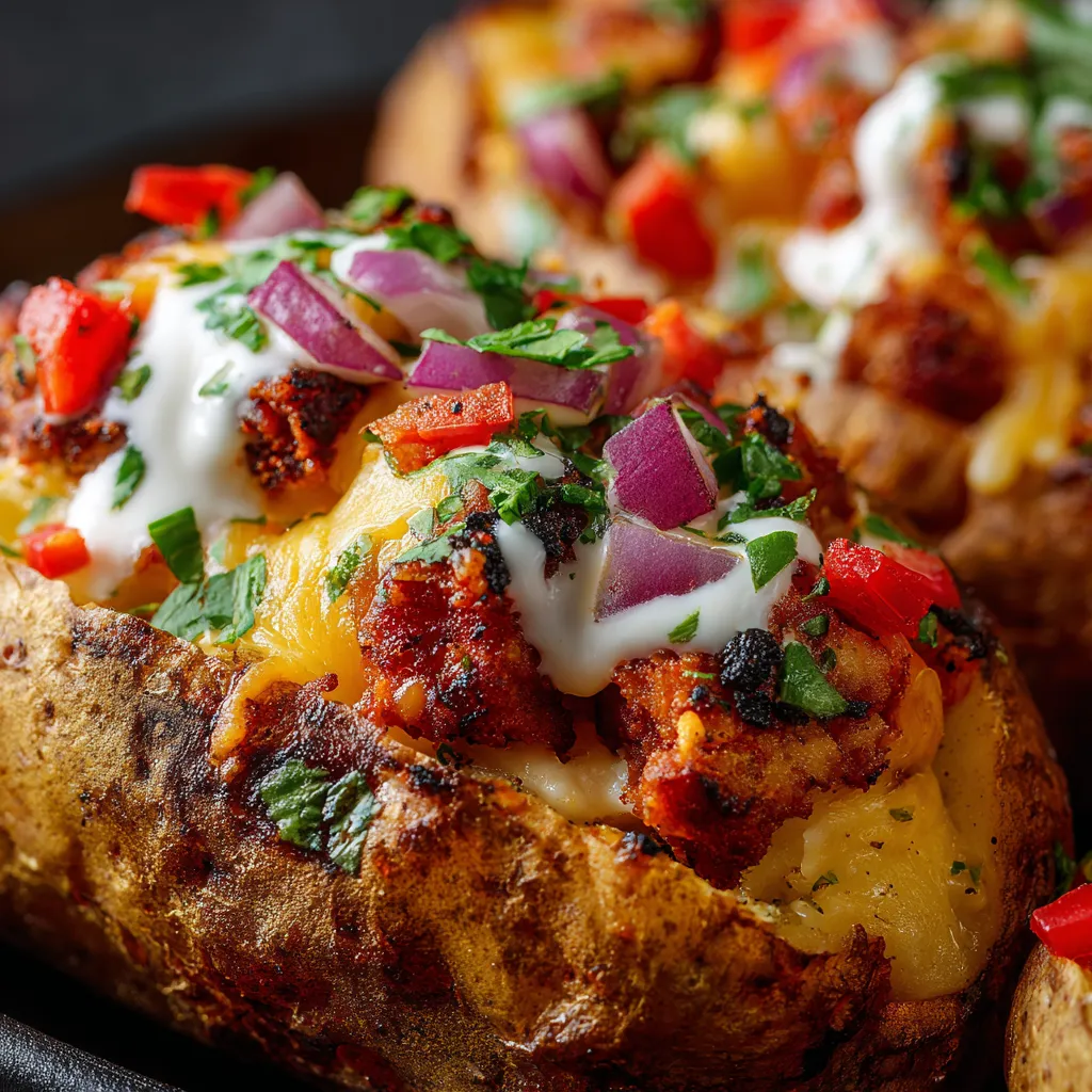 Potatoes topped with chorizo and cheese.