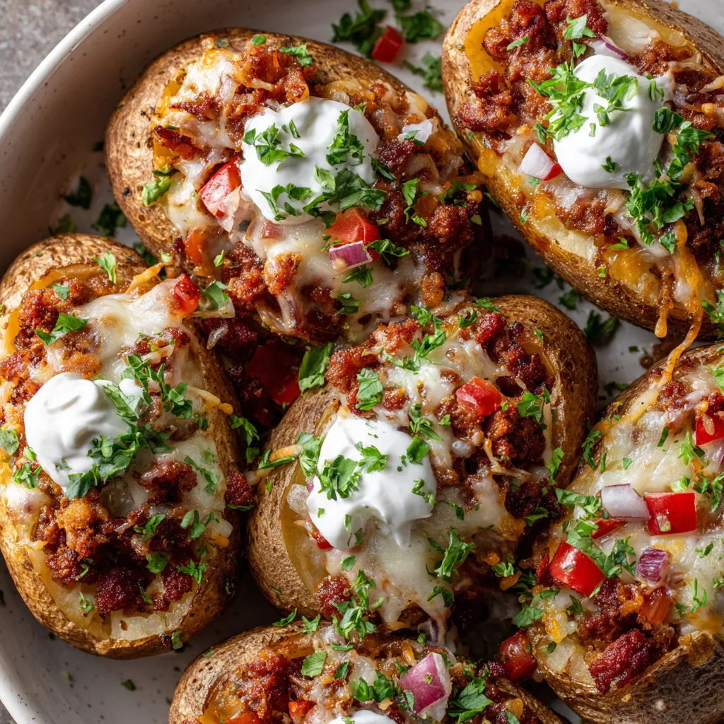 Un plato de papas rellenas de chorizo y queso.