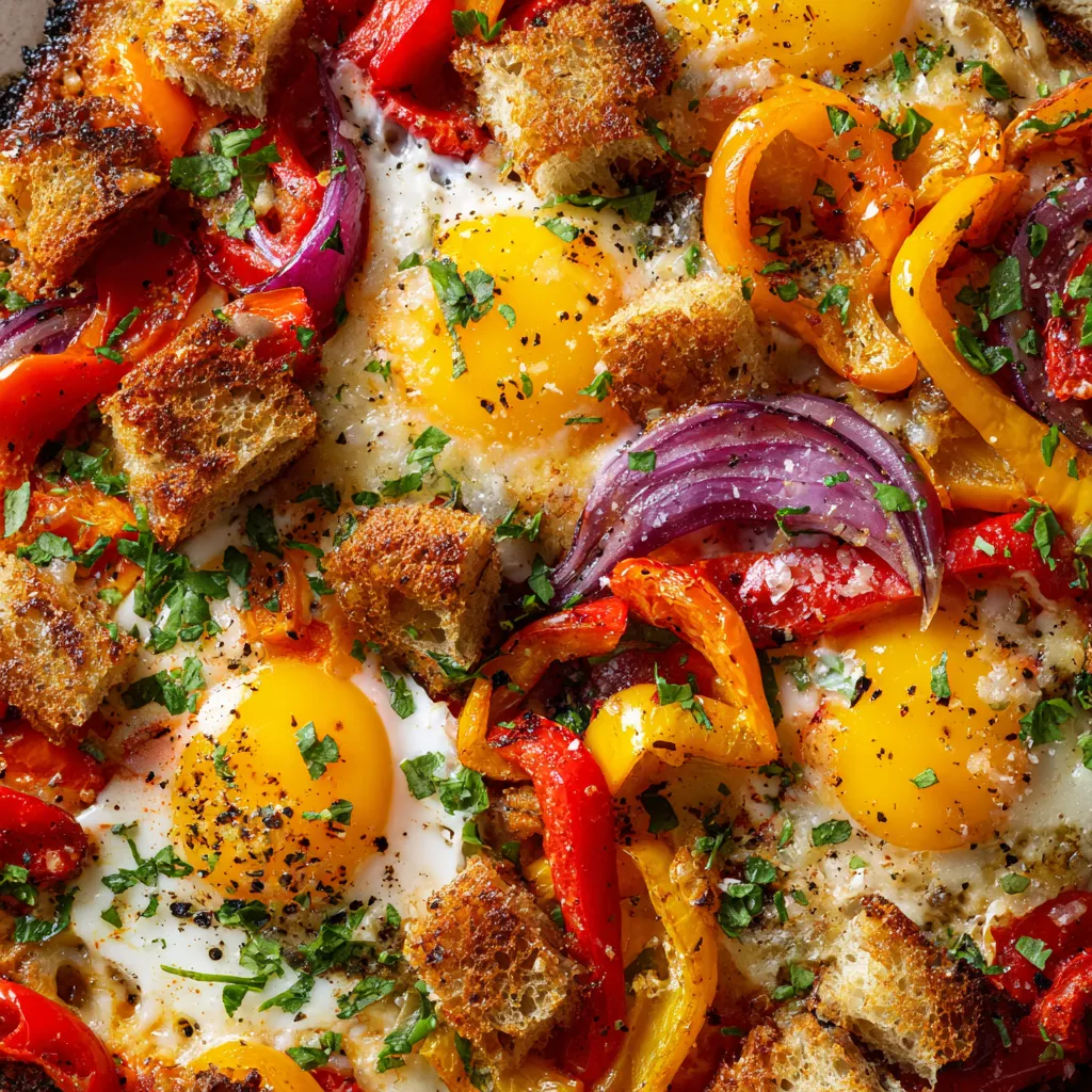 Una deliciosa pizza con huevos fritos, pimiento y pan tostado.
