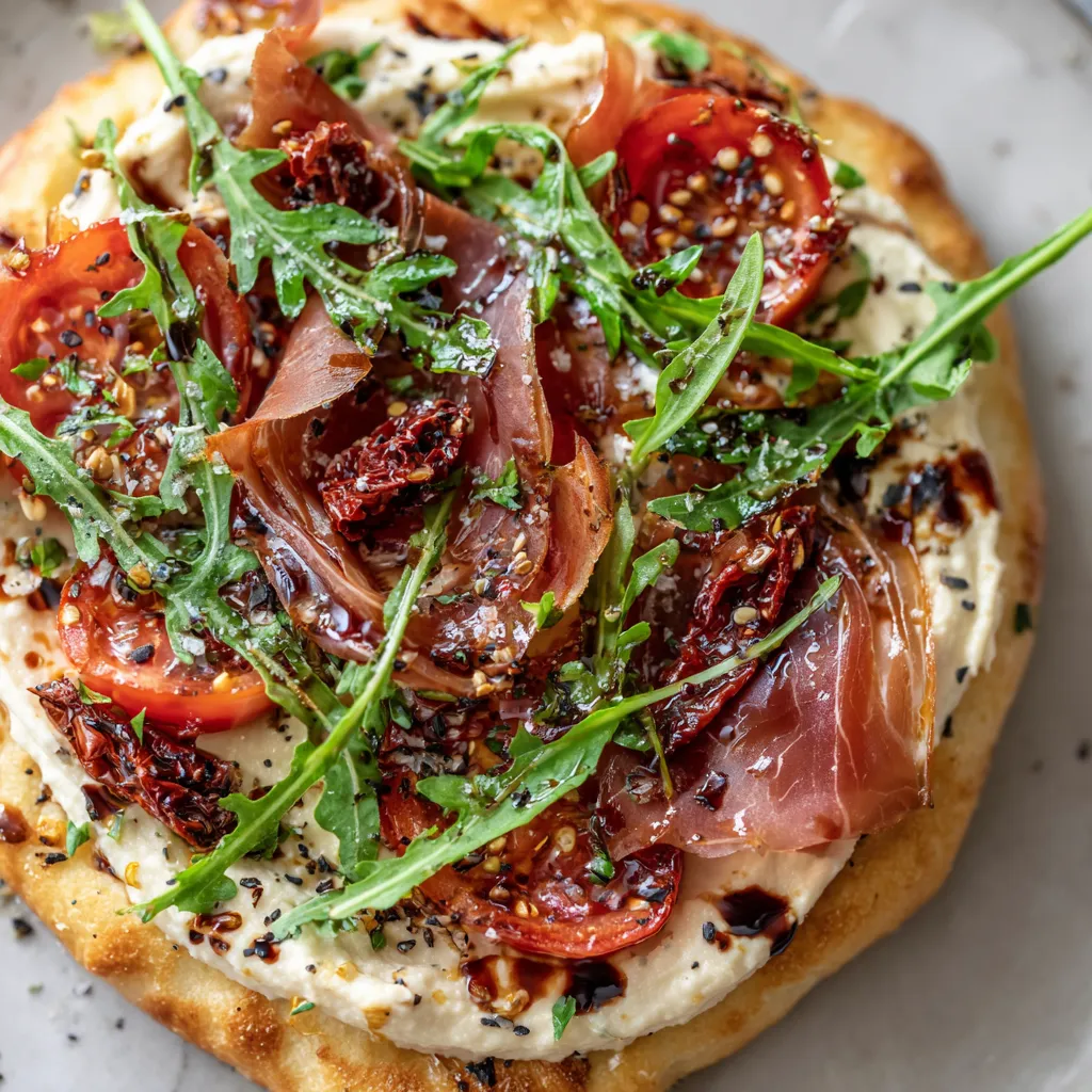 Un plato de hummus, jamón y tomates secos.