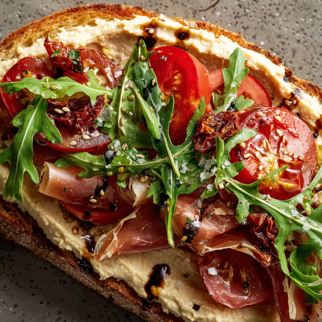 Tostada mediterranea con hummus, jamon y tomates secos.