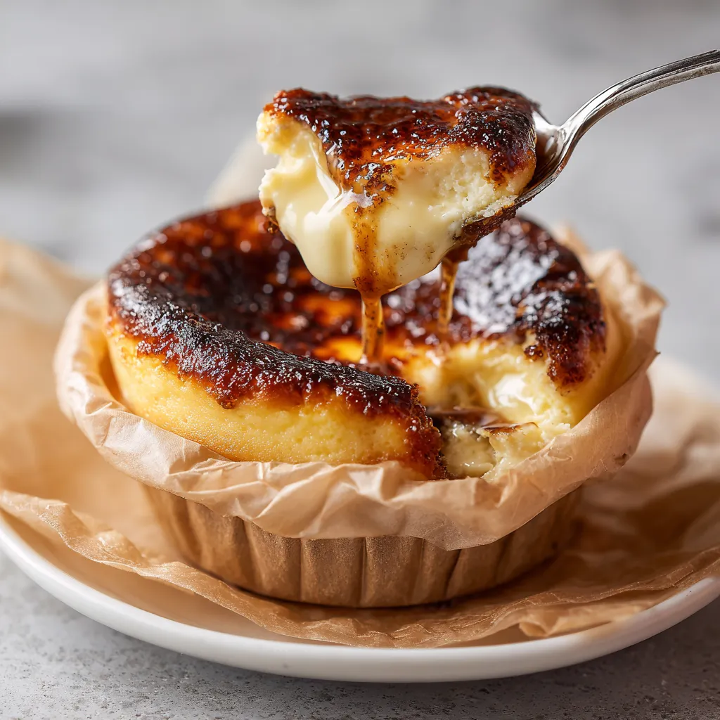 Un plato de mini basque burnt cheesecakes con una cuchara de sopa.