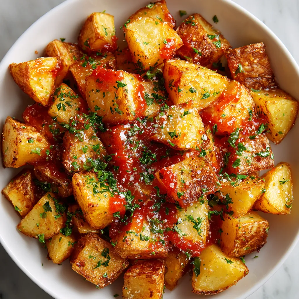 Plato de papas con salsa picante.