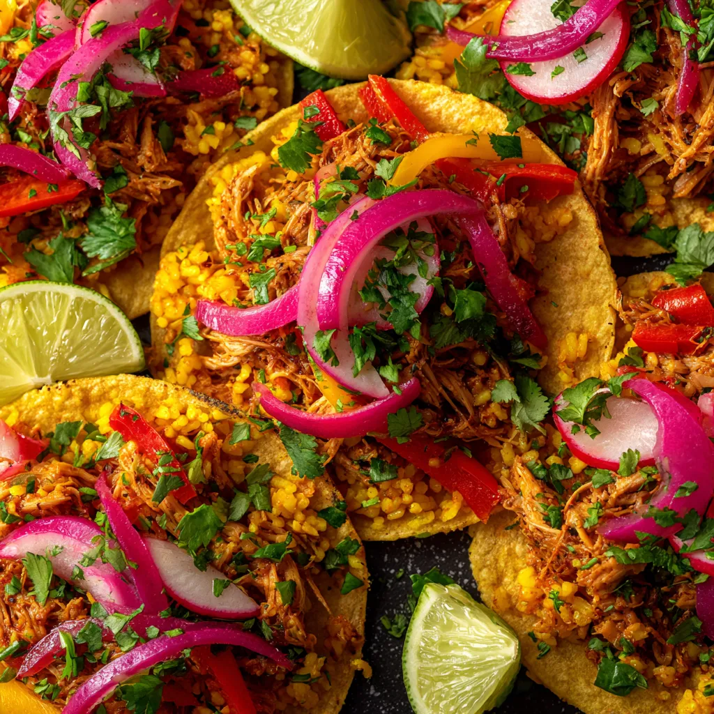 Tacos de pollo con pepino y cebolla.