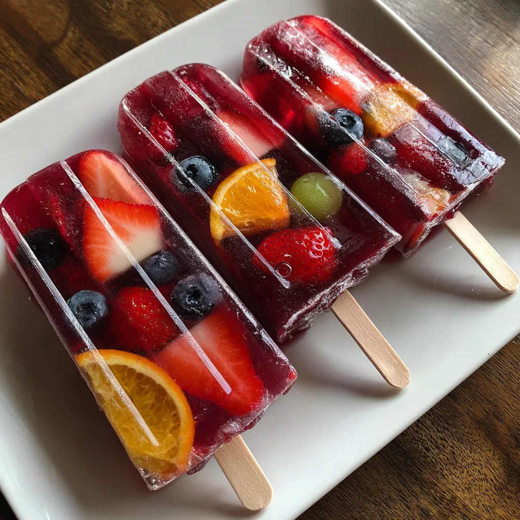 Popsicles con frutas y zumo de arándanos.