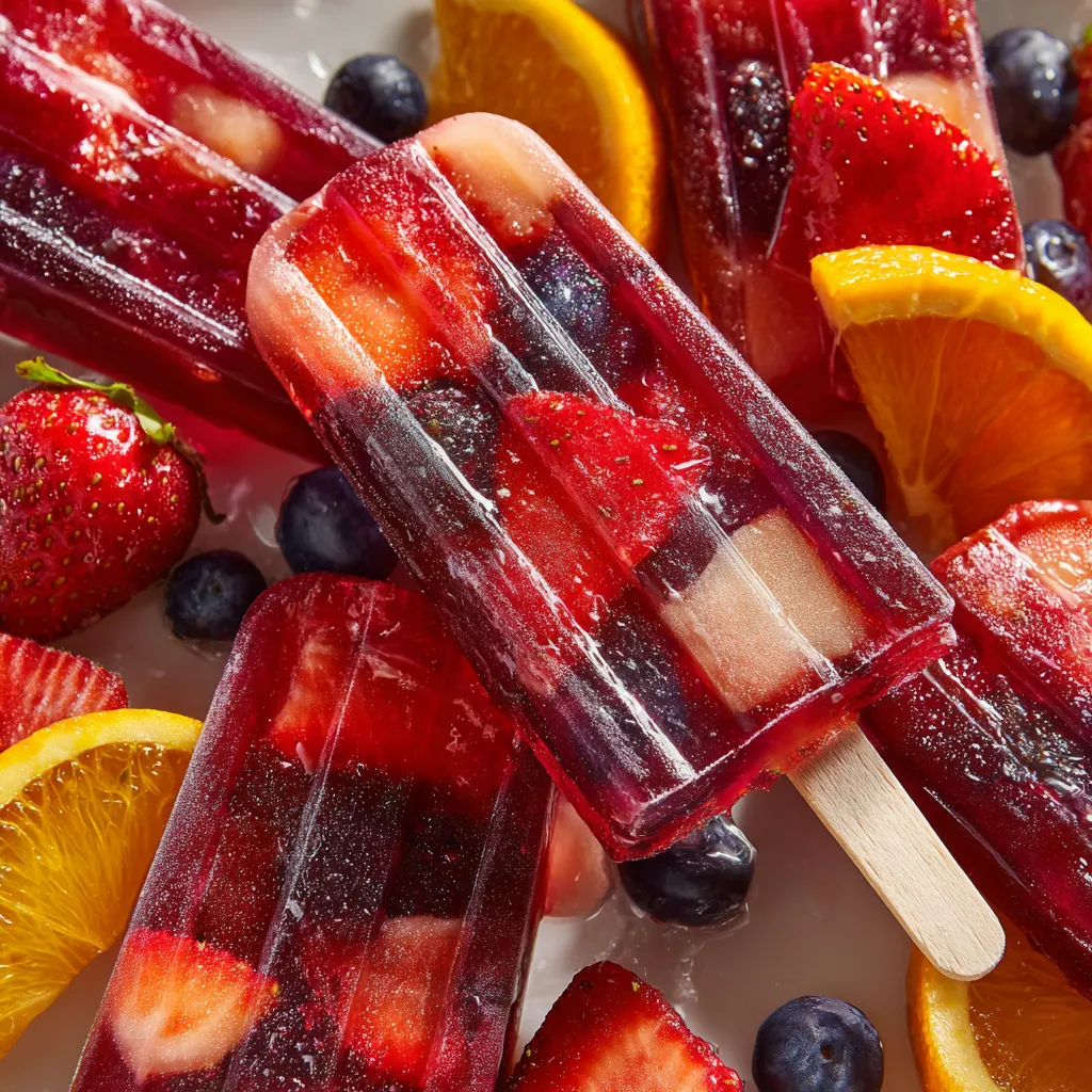Popsicles con frutas y zumo de arándanos.