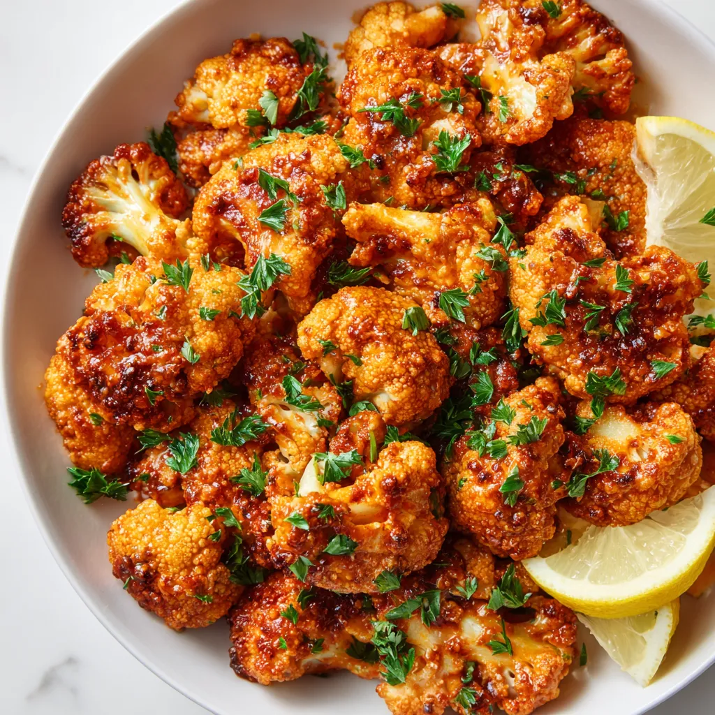 Romesco Cauliflower \"Wings\" en un plato.