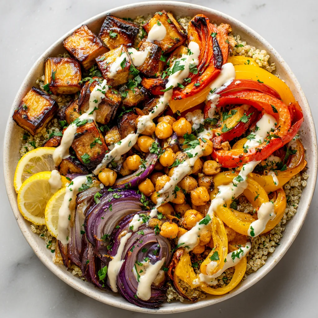 Un plato de comida colorida con vegetales y hummus.