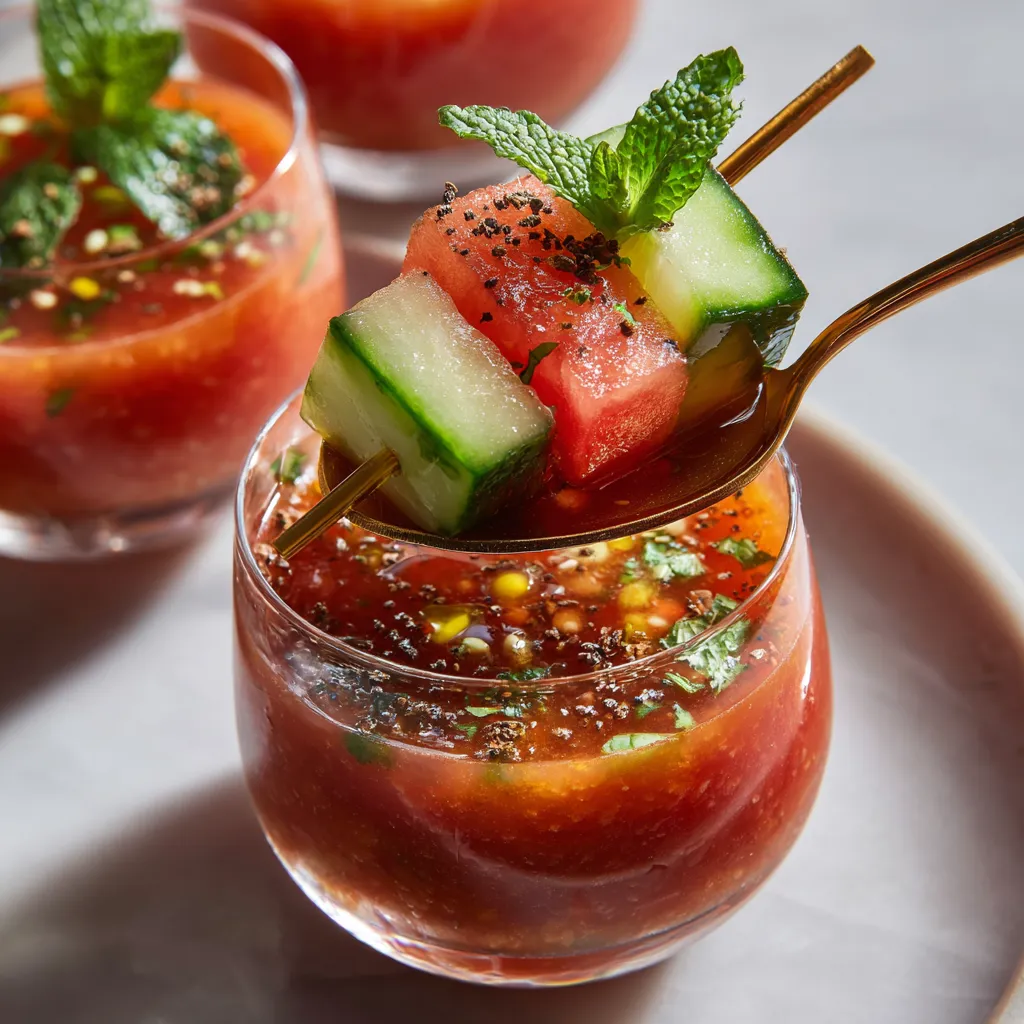 Gazpacho "Sunset" Verrines - Doble capa de tomate y watermelon, pala de cebolla.