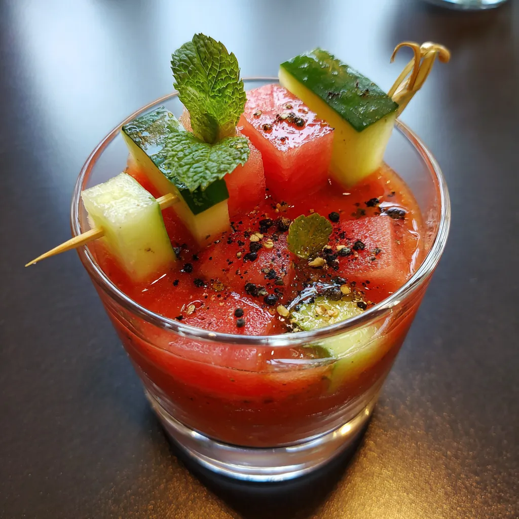 Gazpacho "Sunset" Verrines - Doble capa de tomate y watermelon, escalopes de cebolla en el tope.