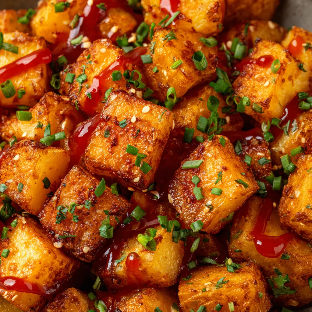 Patatas fritas con salsa y hierbas.