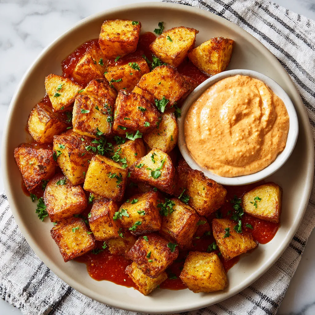 Plato de papas fritas con salsa.