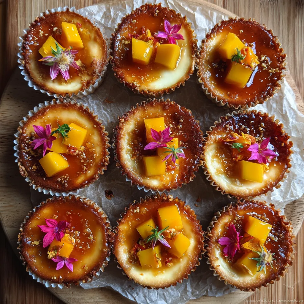 Un plato con 12 mini "basquitos" de mango y yuzu cheesecake.