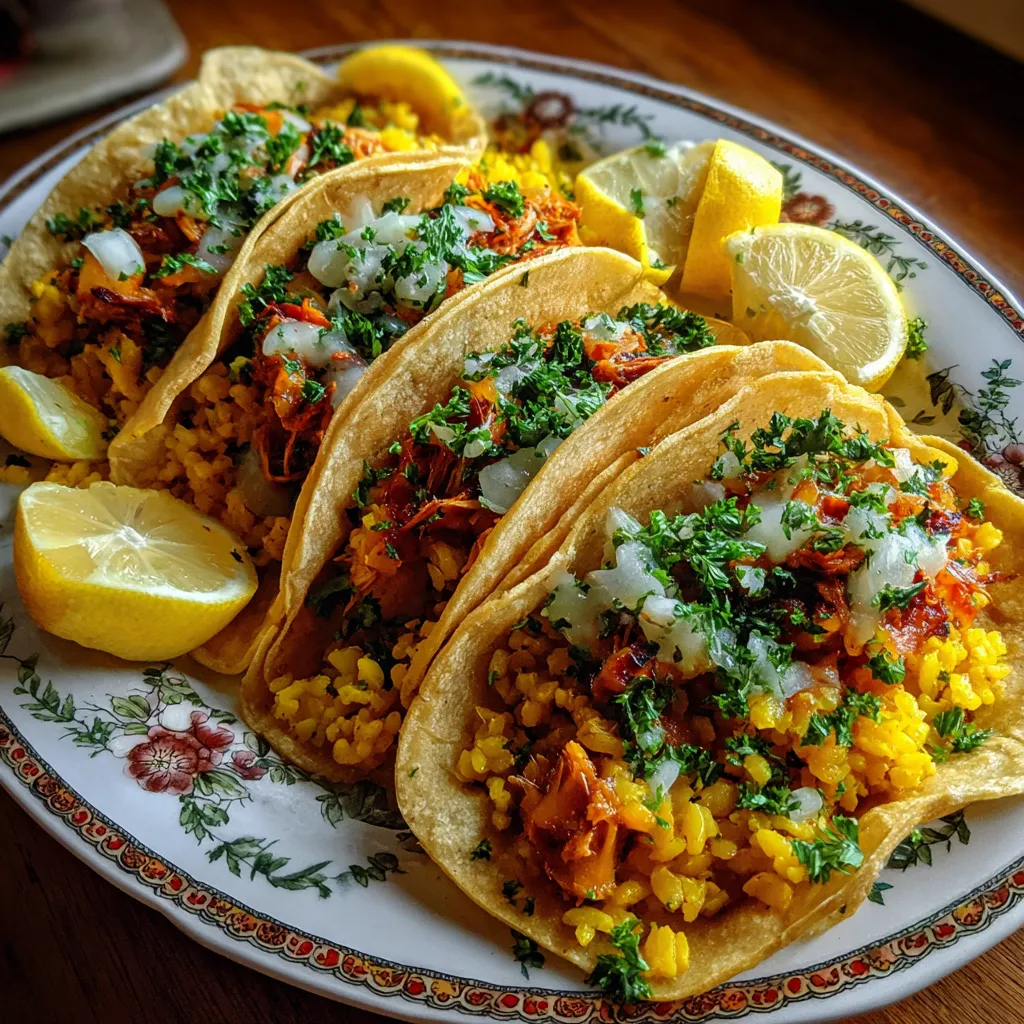 Plate of food with jackfruit paella tacos.