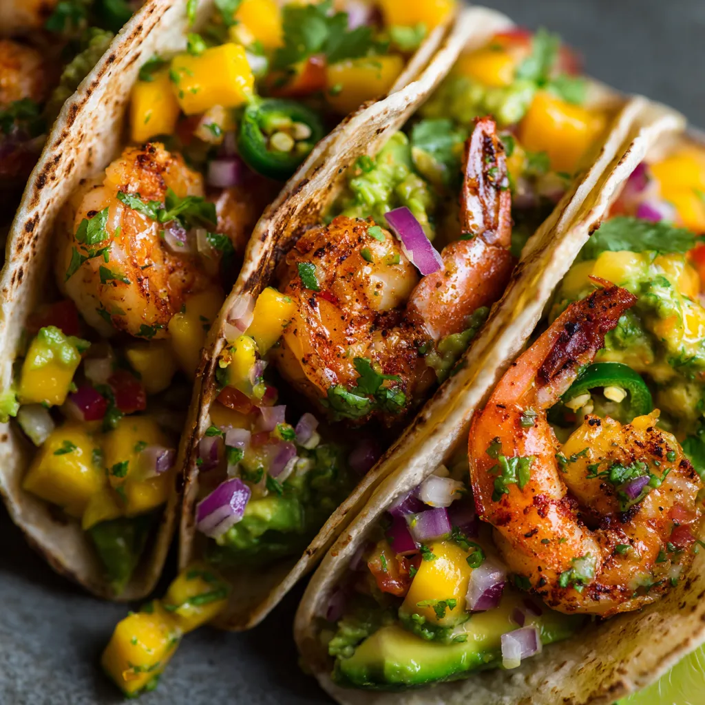 Shrimp tacos con salsa de mango.