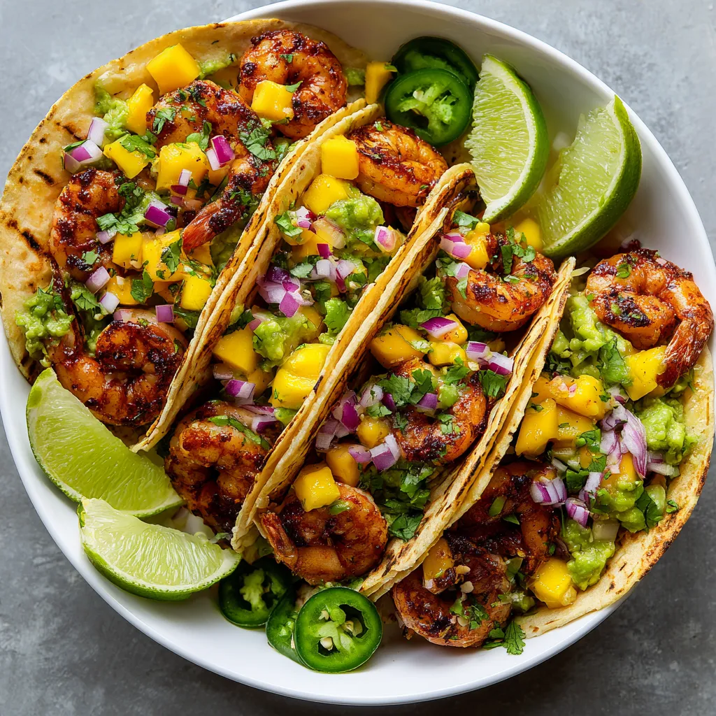 Tacos de camarones con salsa de mango.