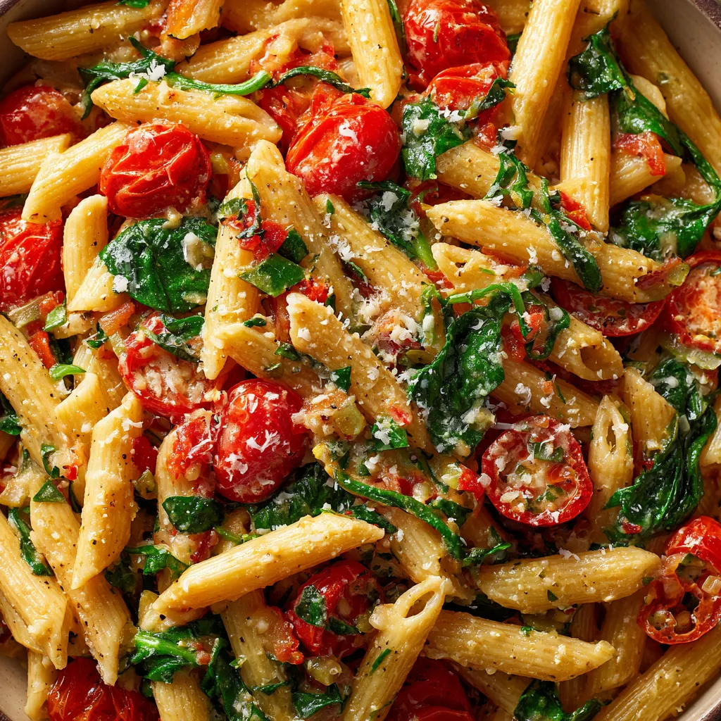 Un plato de pasta con tomates y espinacas.