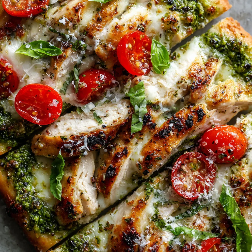 Grilled pesto chicken flatbread.
