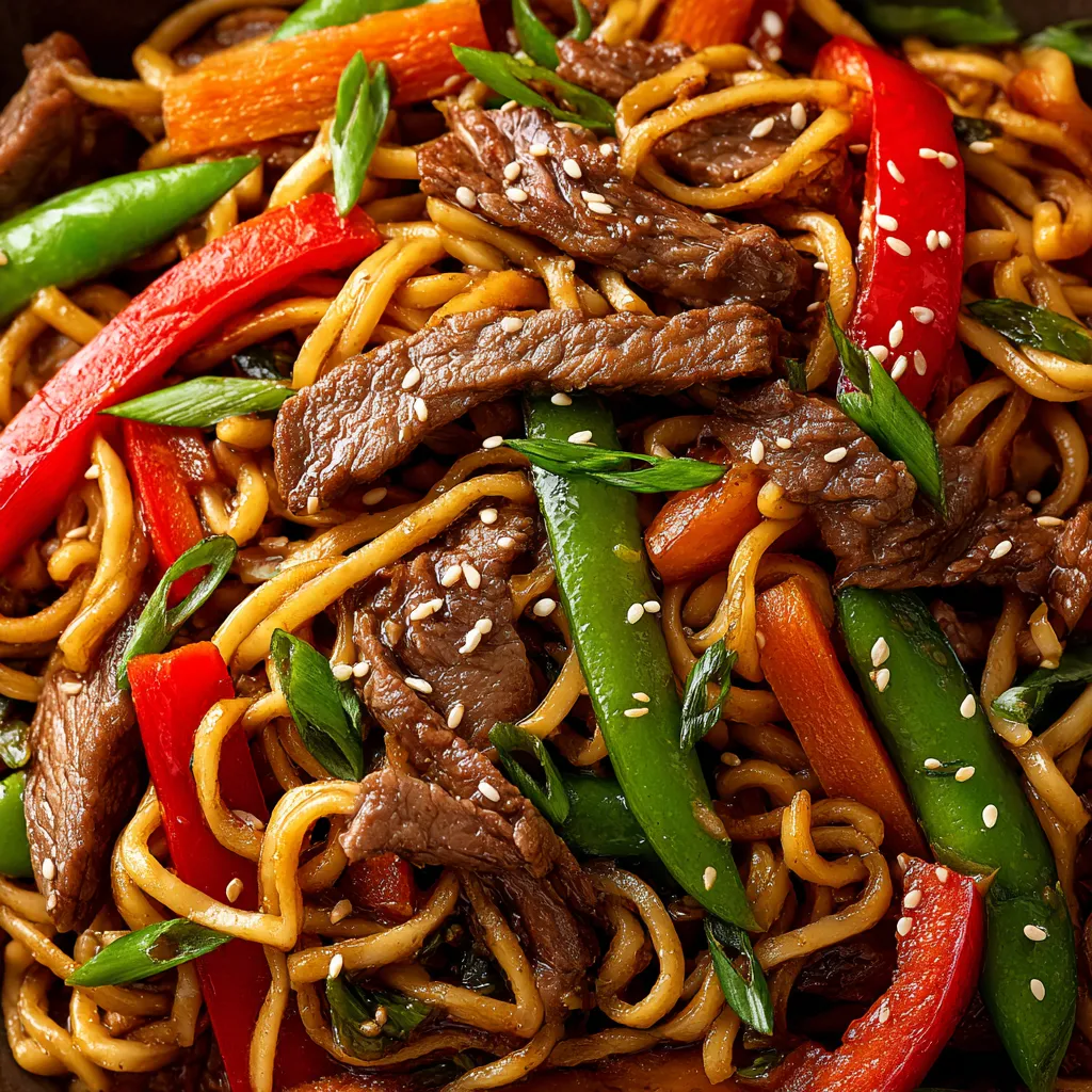 Un plato de wok de carne con verduras.