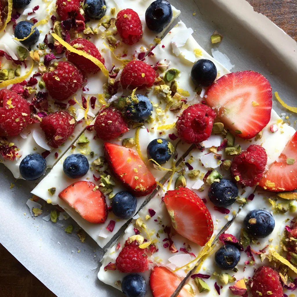 Frozen yogurt bark con frutas.