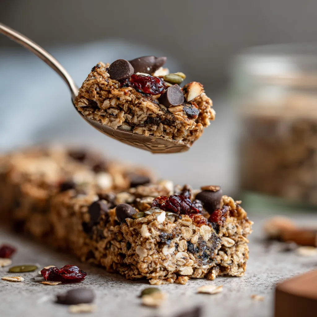 Un trozo de barra de granola en una cuchara.