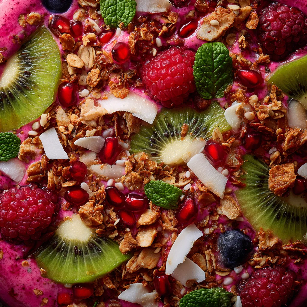 Un plato de frutas y granola con frutas como kiwi, mango y raspberry.