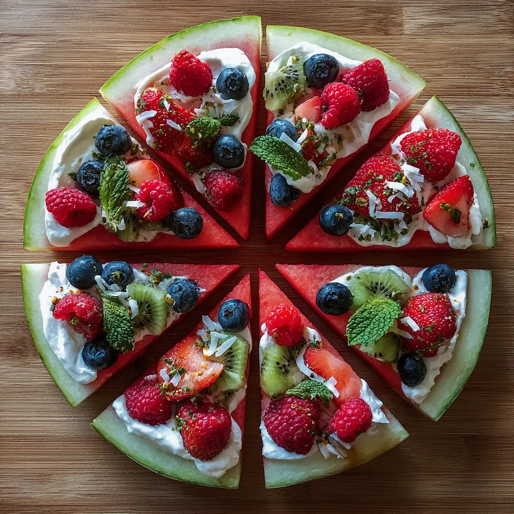 Una pizza de melón con frutas y crema.