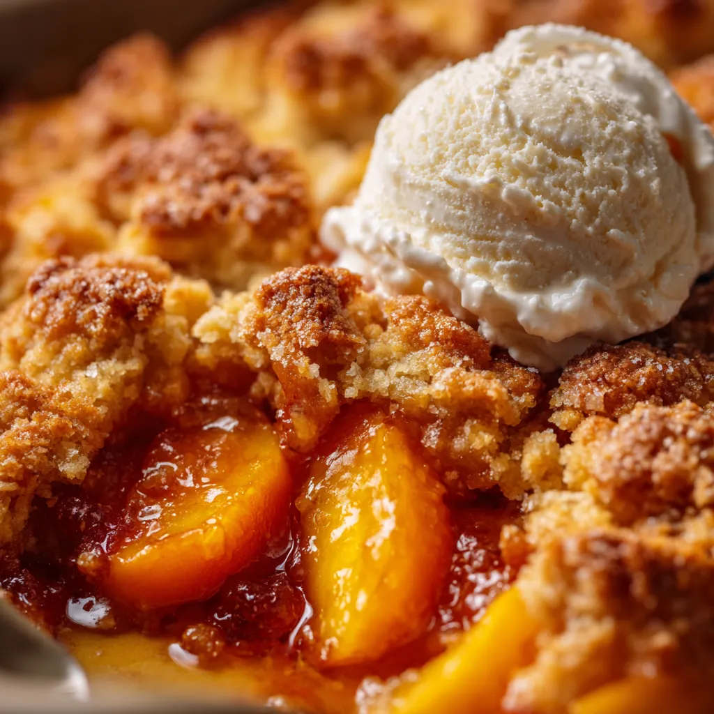 Peach Cobbler con crema batida.