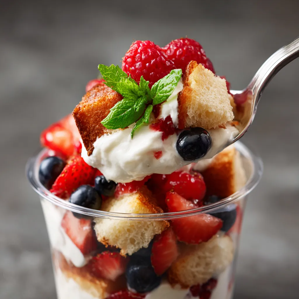 Un trozo de pastel con frutas y crema en un vaso.
