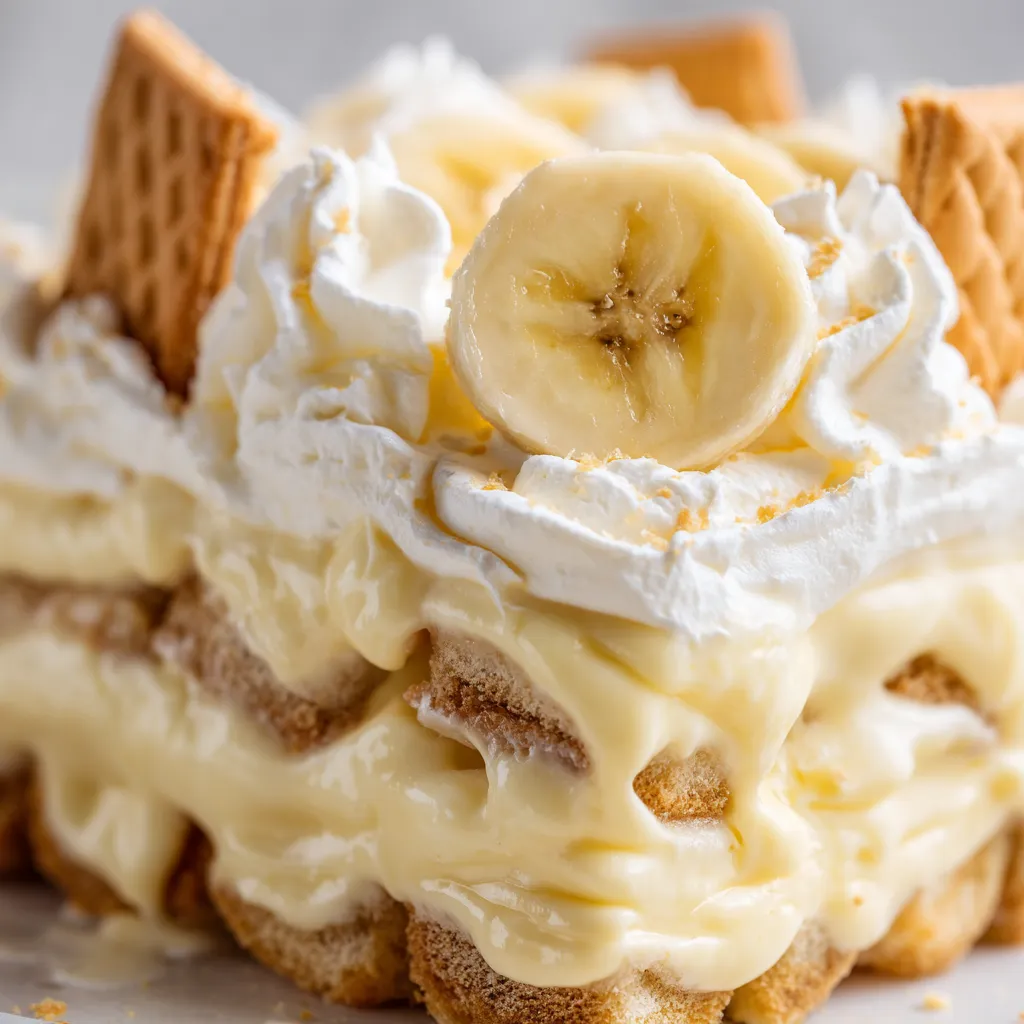 Banana pudding con crema y trozos de banana.