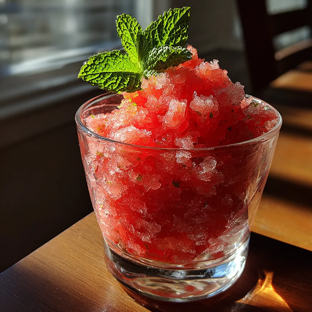 Un vaso con granita de melón y menta.