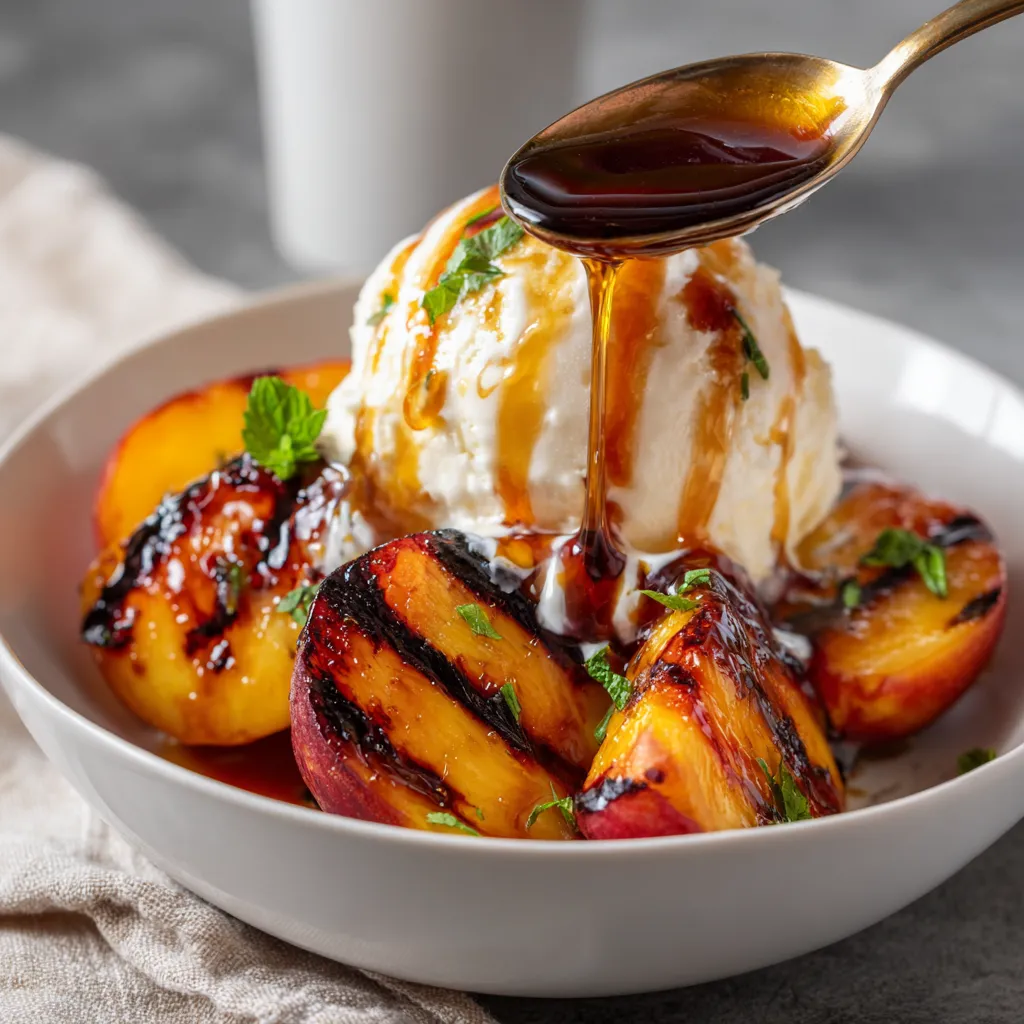 Grilled peaches with honey and vanilla ice cream.