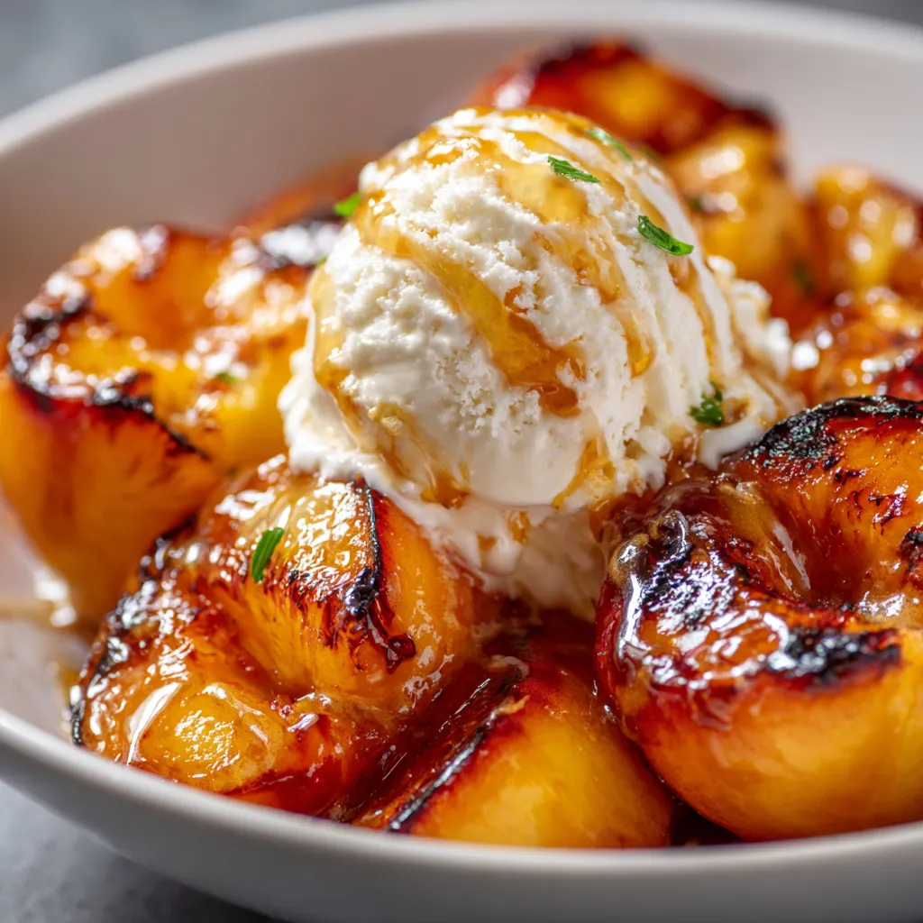 Grilled peaches con helado de vainilla y miel.
