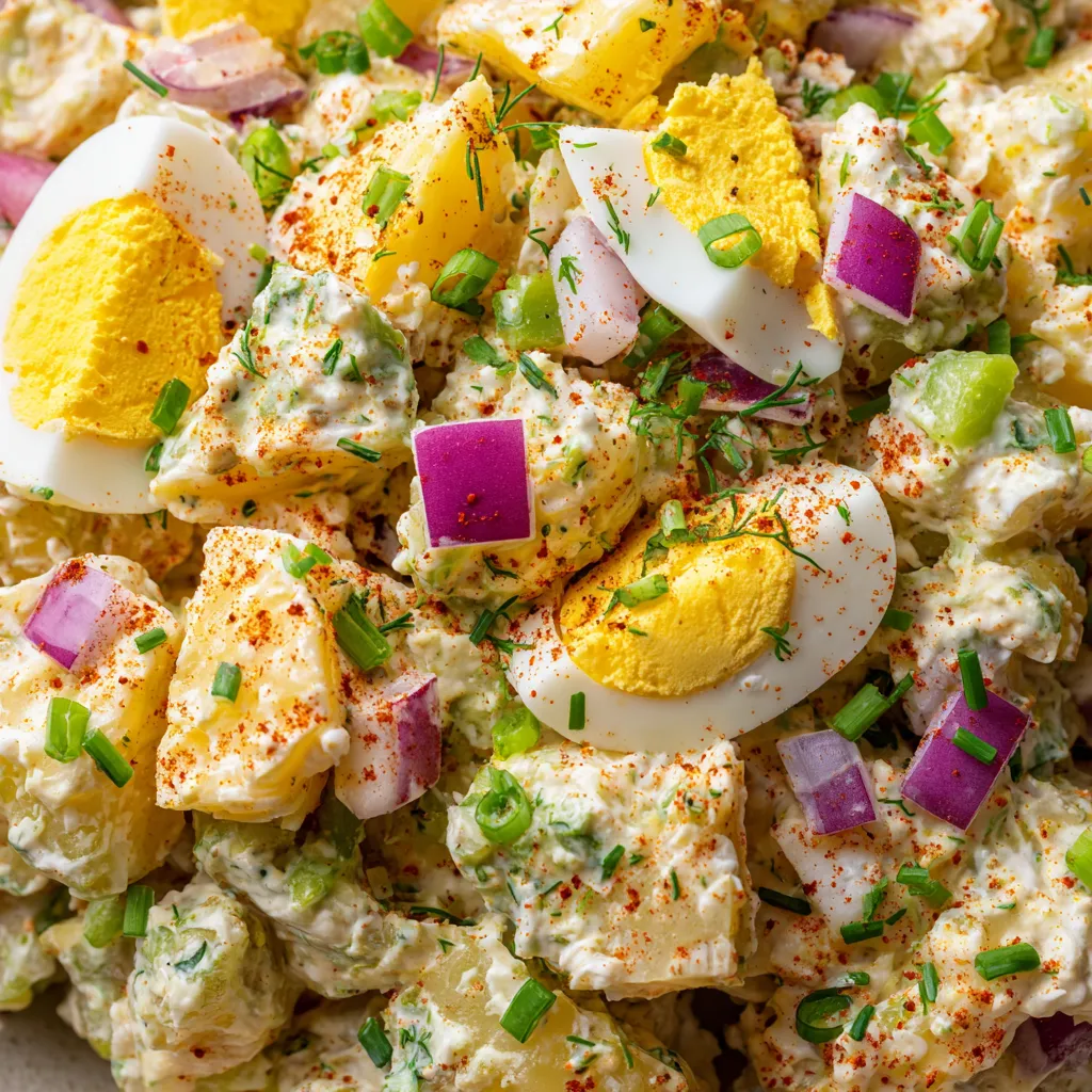 Un plato de ensalada de papas clásica americana con huevo y pimiento.