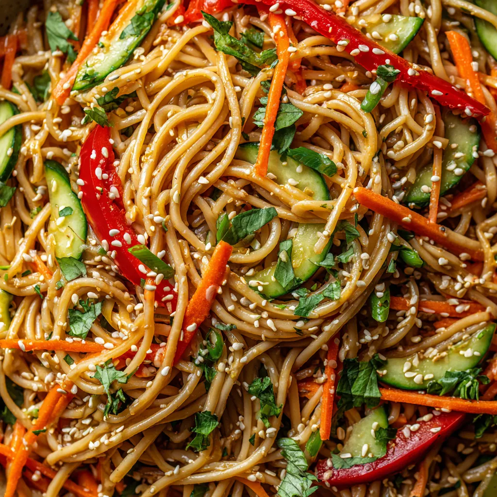 Una ensalada de noodles de sésamo fría con vegetales.