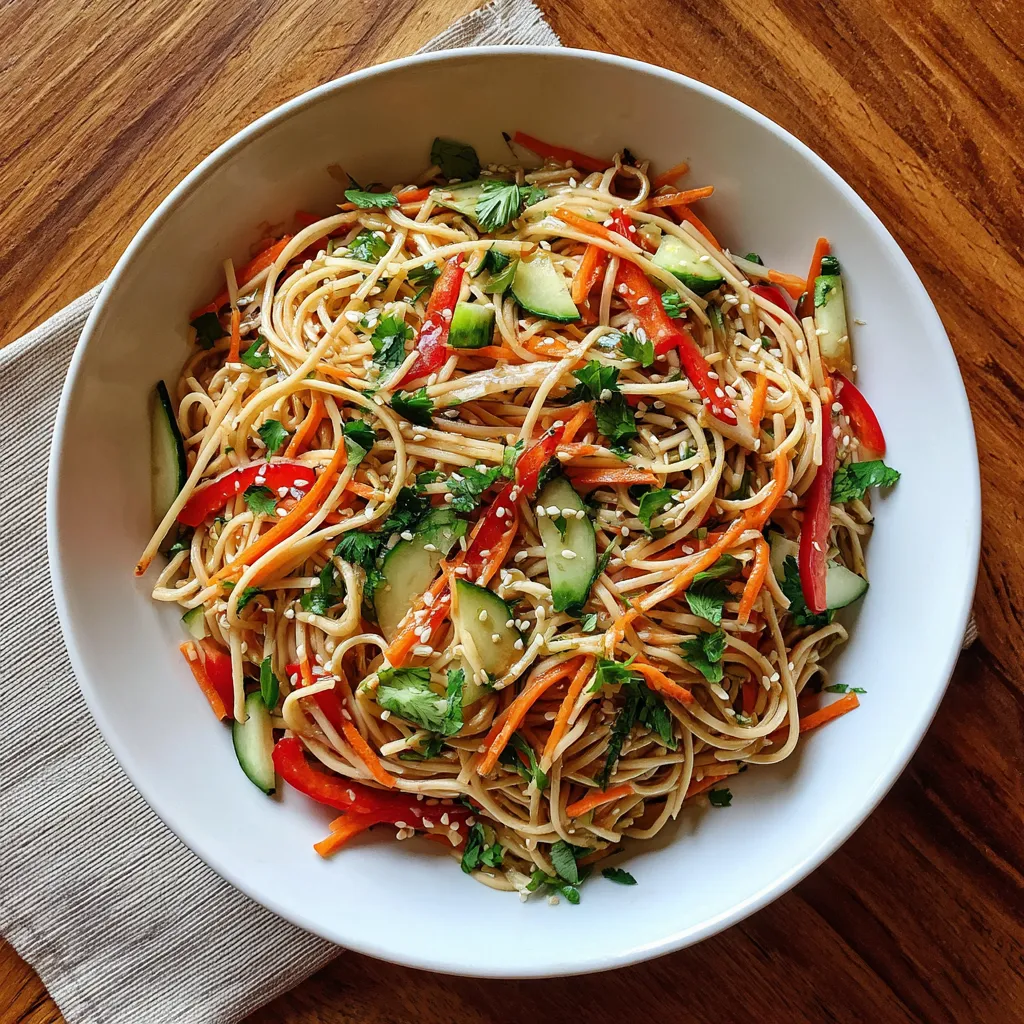 Un plato de pasta con vegetales y cilantro.