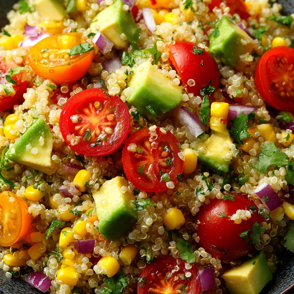 Una deliciosa ensalada de quinoa con tomates, zanahorias y aguacate.