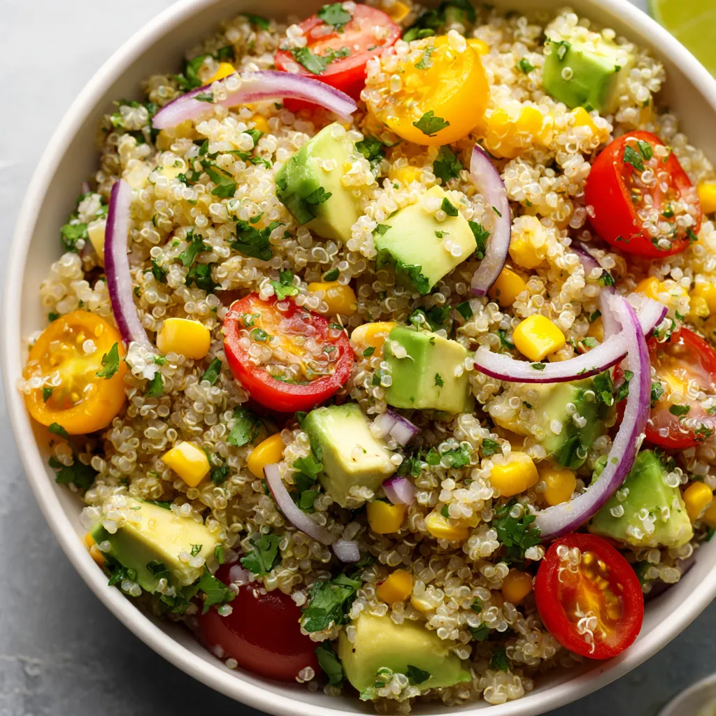 Un plato de quinoa con tomates, cebolla, aguacate y cilantro.