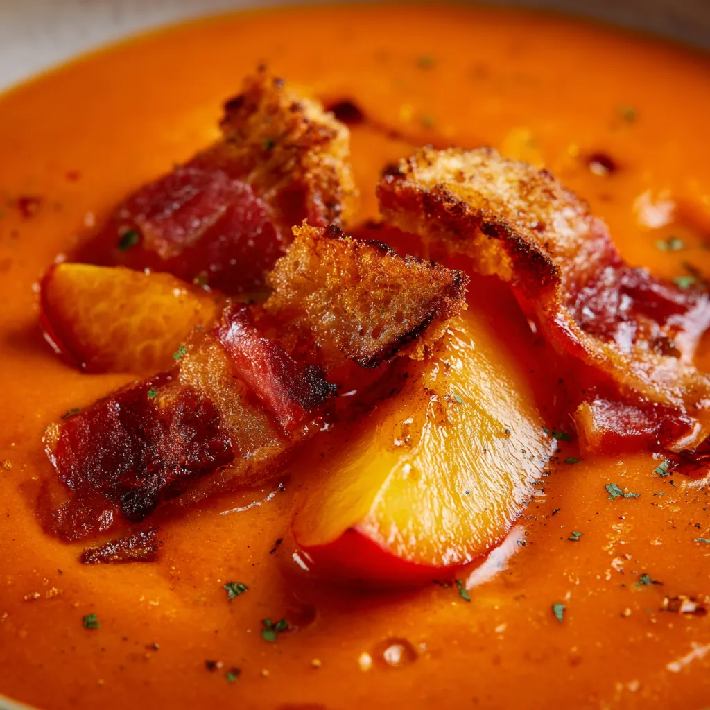 Salmorejo (Andalusian tomato bread soup) con trozos de pan tostado y trozos de frutas.