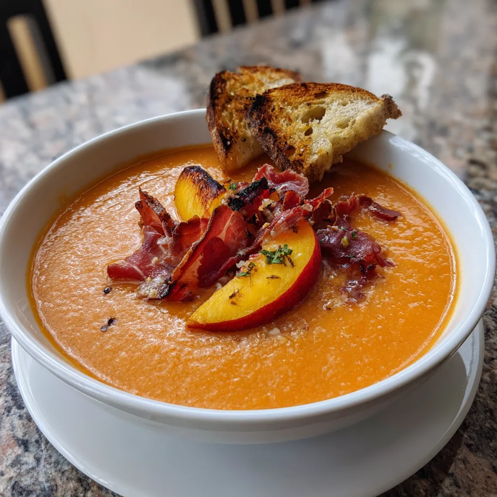 Salmorejo (Andalusian tomato bread soup) con tostadas de pan.