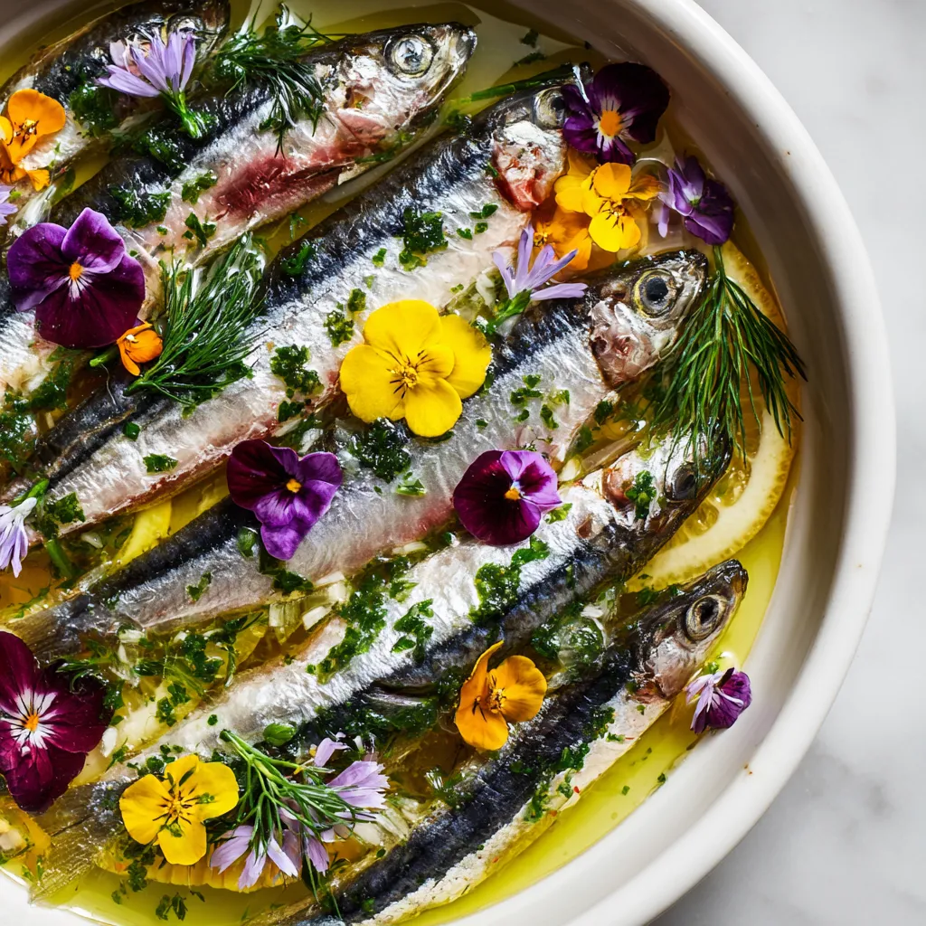Boquerones en vinagre con flores y hierbas.