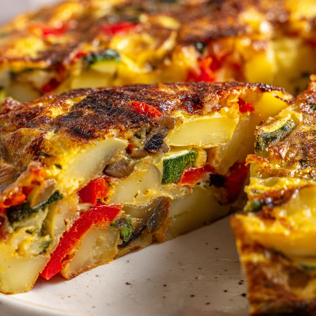 Tortilla de patatas revisitada con pimientos y cebolla.