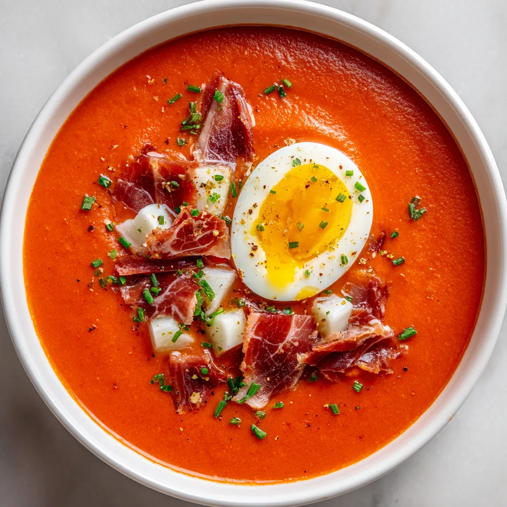 Un plato de salmorejo con huevo y jamón.
