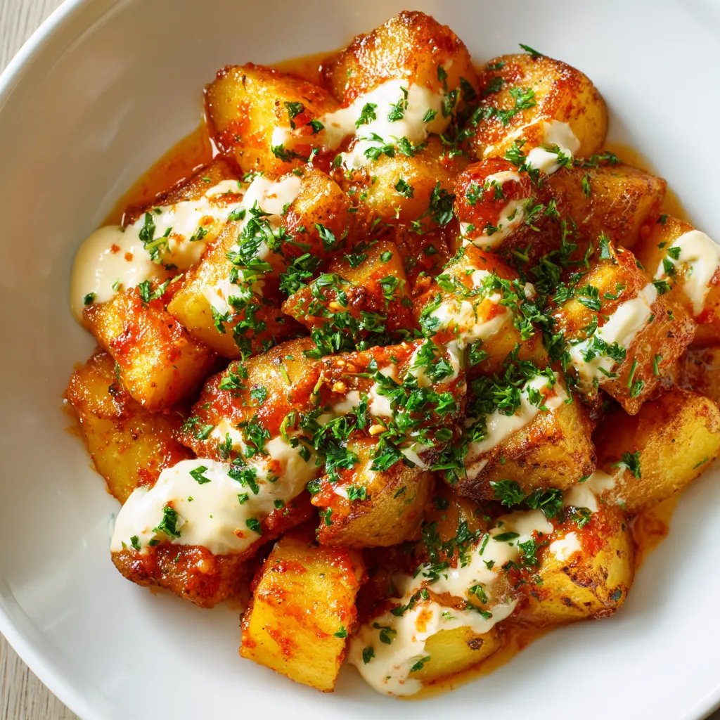Patatas bravas maison con salsa y perejil.
